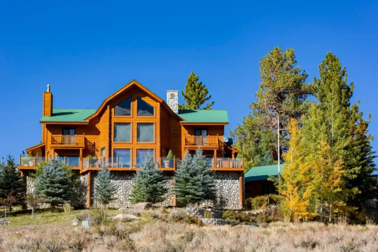 Timber home with a green roof among pine trees