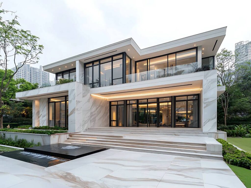 A newly built modern two-story home with glass walls