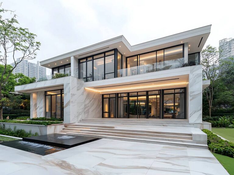 Modern home with large windows and a stone facade