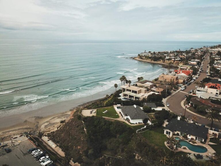 Homes along the coastline from above